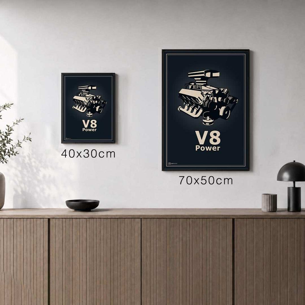 Größenvergleich für V8 Motor Poster - Blau