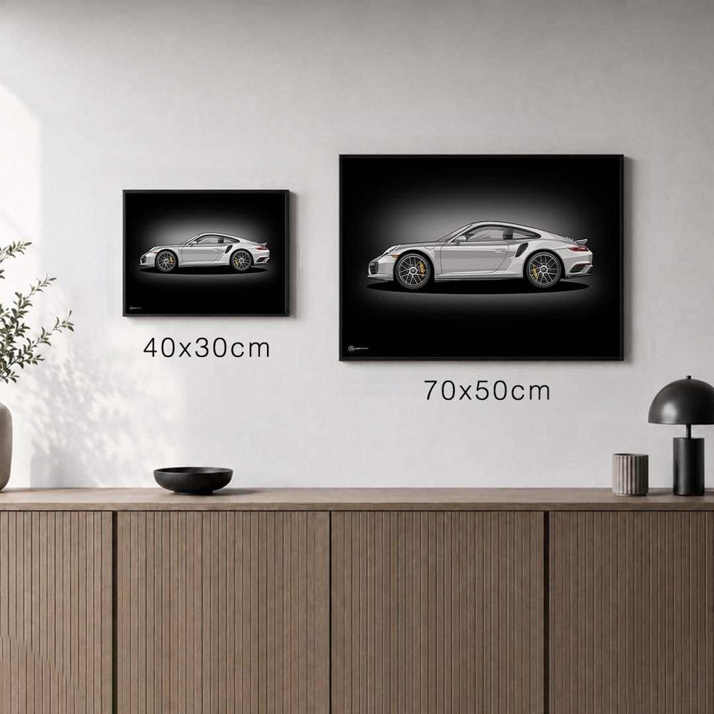 Größenvergleich für 911 Turbo (991) Artwork Poster Dunkel